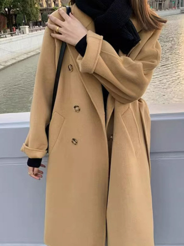 Belted woolen coat for women, off-season high-end fashion new double-breasted design autumn and winter woolen coat mid-length