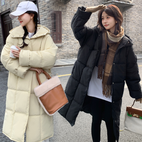 Korean style winter milk puff mid-length over-the-knee bread coat for women, lazy style, loose stand-up collar design, hooded