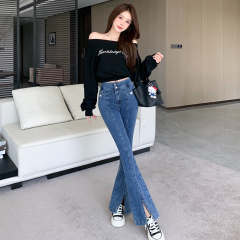 Actual shot of 2024 autumn micro-flared pants for women, designer slit high-waist slim stretch jeans floor-length trousers