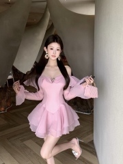 Photographed Collared Hem One-Shoulder Long-Sleeve High-Waist Slimming Asymmetrical Short Skirt Dress