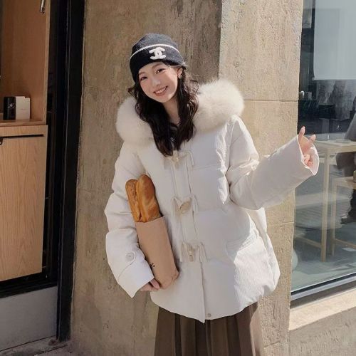 Purple Horn Button Down Jacket Women's Winter 2024 New Korean Style Loose Big Fur Collar Thickened Bread Jacket