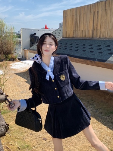 Photographed College Style Set for Women with Pajama Top and Blazer Jacket, Corduroy Pleated Skirt