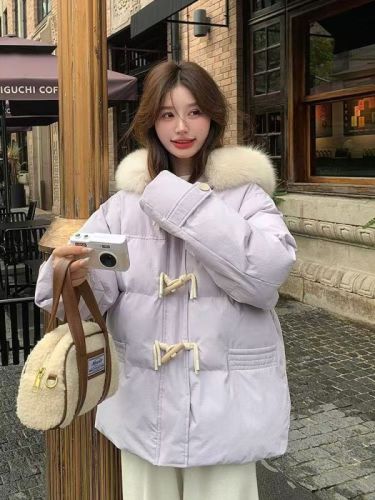 Purple Horn Button Down Jacket Women's Winter 2024 New Korean Style Loose Big Fur Collar Thickened Bread Jacket