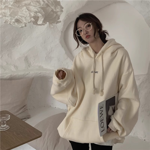 Pure cotton apricot color hooded sweatshirt for women in autumn and winter plus velvet and thickened trendy American style loose and lazy style