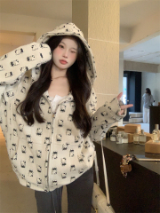 Long and short off-shoulder hooded long-sleeved printed cat sweatshirt loose lazy coat top for women