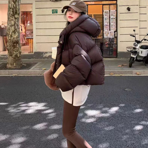 Puff Short Down Jacket Women's 2024 Winter New American Ken Bean Bread Jacket Hello Coffee Color Hooded Jacket