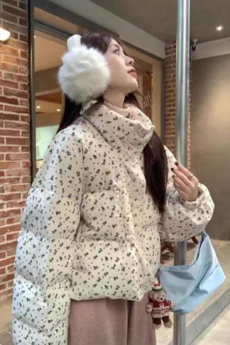 Fresh floral short down jacket winter new Korean college style thickened warm cotton jacket