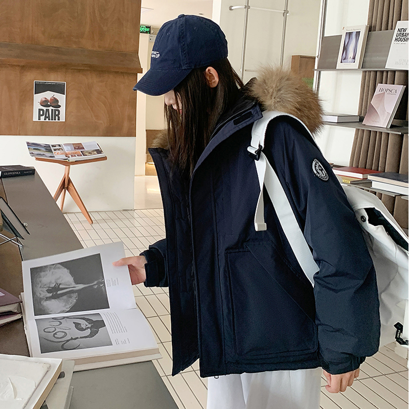 Couple workwear new style down cotton coat hooded large fur collar short style parka Korean style loose cotton coat