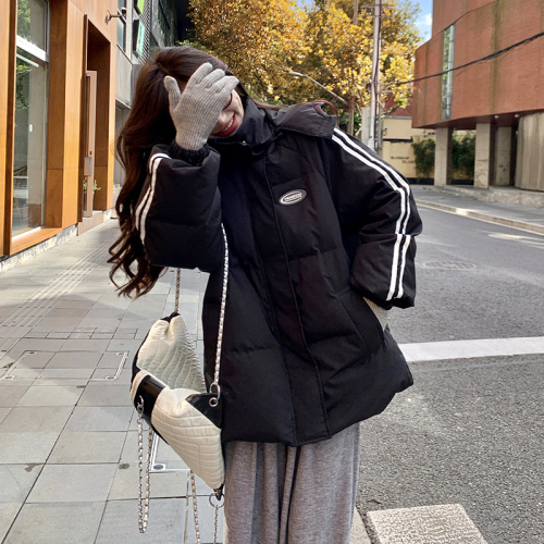 Black down cotton jacket for women winter 2024 new Korean style loose college style couple versatile hooded thickened cotton jacket