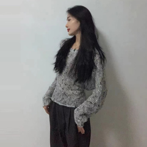 Original thick needle - gray sweater 2024 new style lazy loose design hollow sweater top