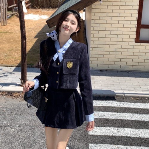 Photographed College Style Set for Women with Pajama Top and Blazer Jacket, Corduroy Pleated Skirt