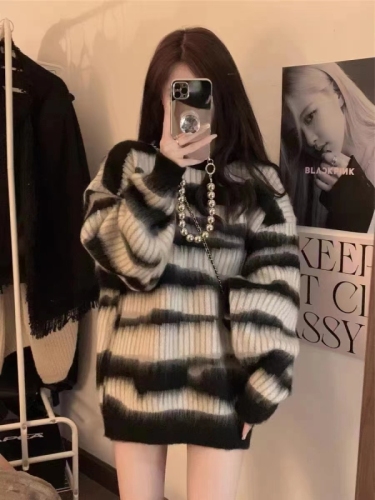 Autumn new Korean mohair contrast striped sweater women's loose lazy mid-length round neck sweater top