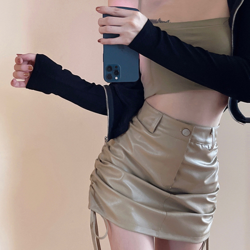 Spot price Hong Kong style sexy slim drawstring hip skirt high waist leather skirt versatile slim skirt women's skirt