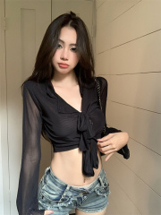 ~Hot girl strapped trumpet sleeves see-through mesh cardigan women's slimming sun protection top women