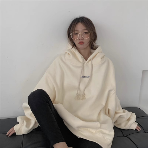 Pure cotton apricot color hooded sweatshirt for women in autumn and winter plus velvet and thickened trendy American style loose and lazy style