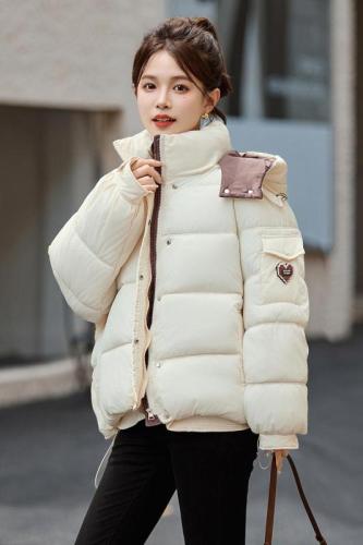 2024 Korean style hooded contrasting color short women's down jacket, popular winter jacket for small people, thickened cotton jacket