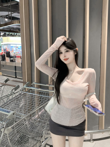 Micro-transparent sun protection shirt V-neck slim fit long-sleeved T-shirt top