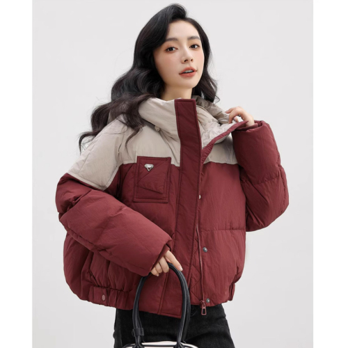 New autumn and winter down jacket women's short hooded splicing Korean style loose jacket for small people