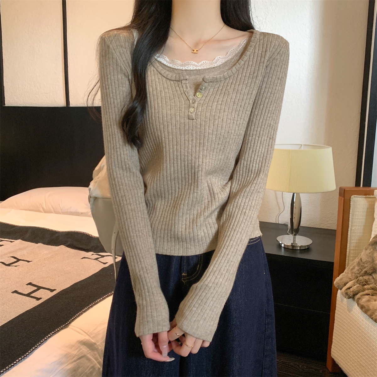 實拍 秋冬韓版半開領紐扣蕾絲拼假兩件安迪絨針織打底上衣