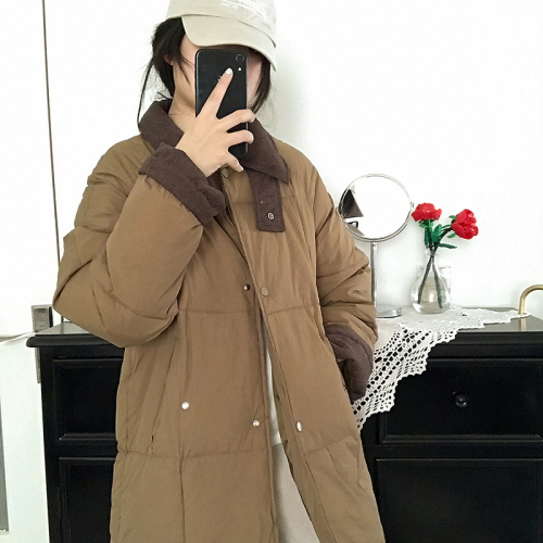 Korean mid-length cotton jacket for women 2024 new winter fashionable design corduroy splicing jacket for small people