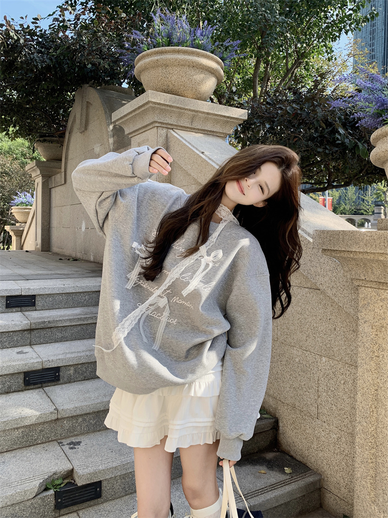 Photo-realistic Korean-style 3D bow design with silk scarf, thick warm hoodie + high-waisted skirt
