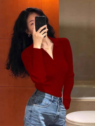 Polo red sweater for women, long-sleeved T-shirt, advanced bottoming shirt for women, autumn and winter slim inner top