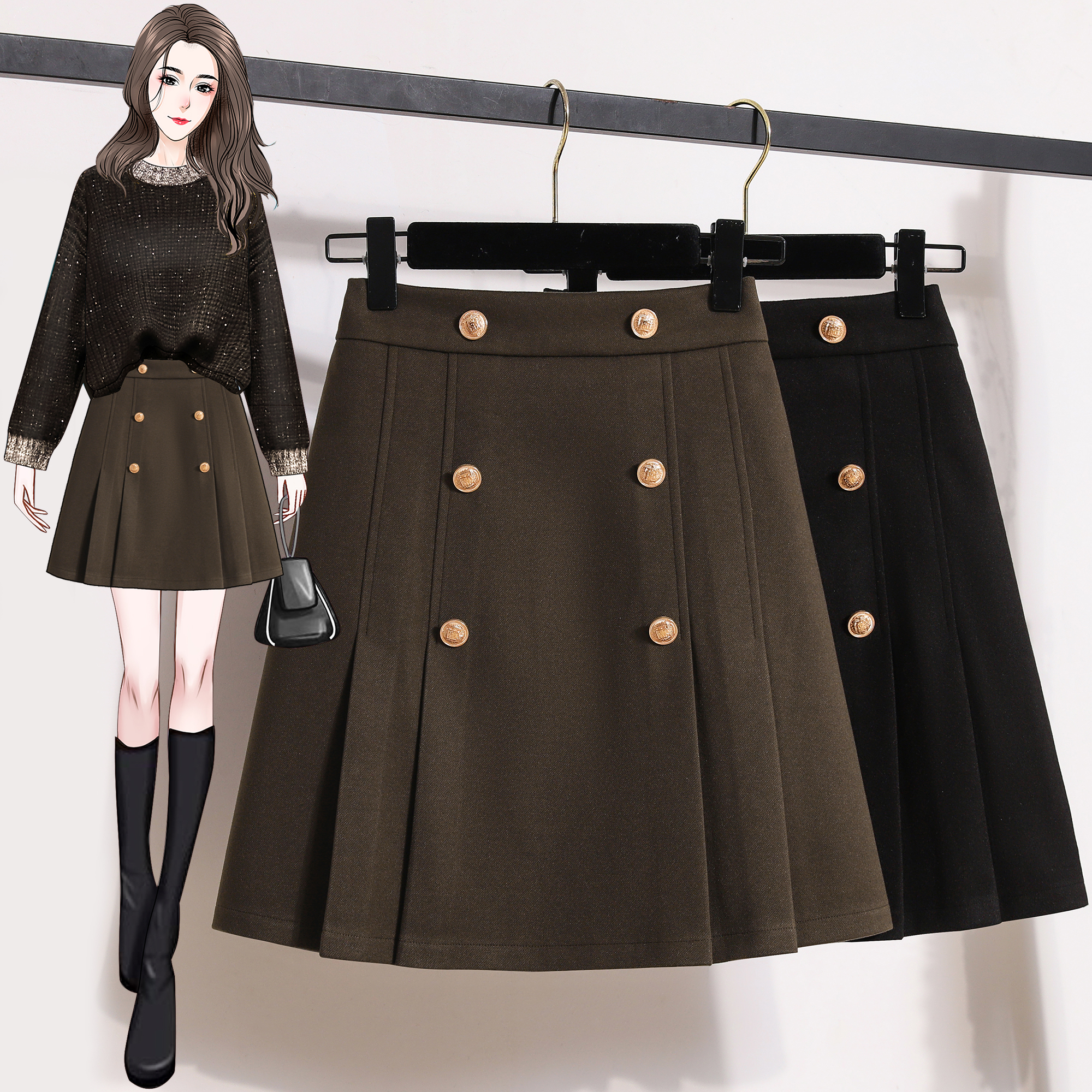 7539 Live Shot ~ Women's Fall/Winter High-Waist Skirt for Slimming, Short Skirt with Retro Design, No-Show Protection, A-Line Pleated Skirt