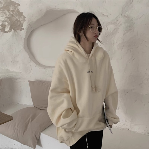 Pure cotton apricot color hooded sweatshirt for women in autumn and winter plus velvet and thickened trendy American style loose and lazy style