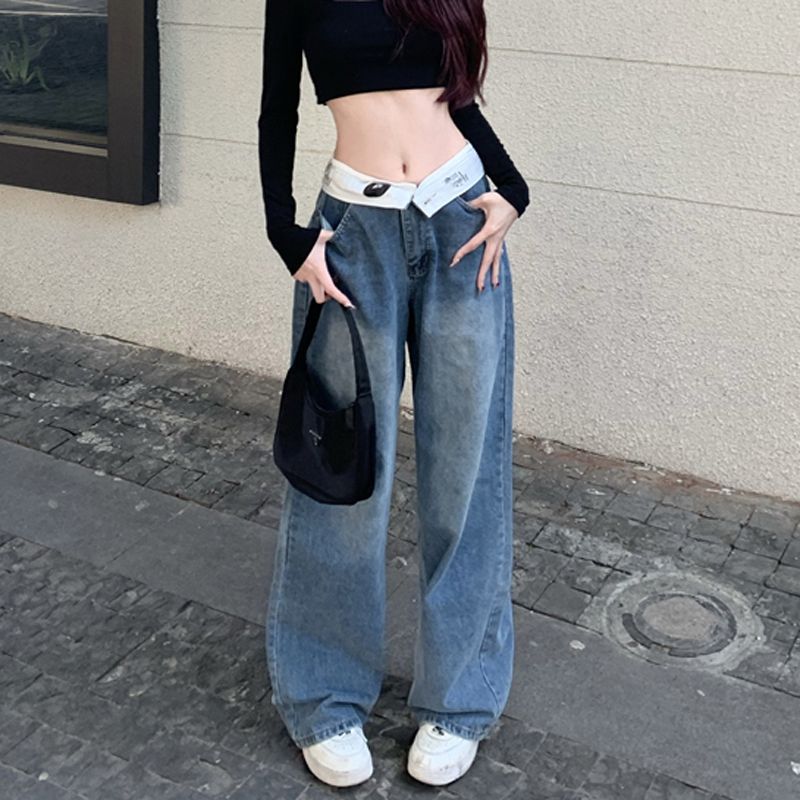 American retro jeans for women, designer waistband, loose wide-leg pants, simple casual straight pants