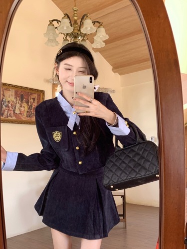 Photographed College Style Set for Women with Pajama Top and Blazer Jacket, Corduroy Pleated Skirt