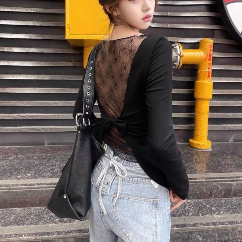 Pure Desire Hot Girl One Shoulder Top Women's Autumn and Winter Irregular Hollow Backless Long Sleeve T-shirt Lace Bottoming Top