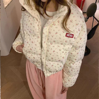 2024 Winter American Sweet Little Floral Printed Stand Collar Short Cotton Jacket Women's Loose Thickened Warm and Versatile Jacket