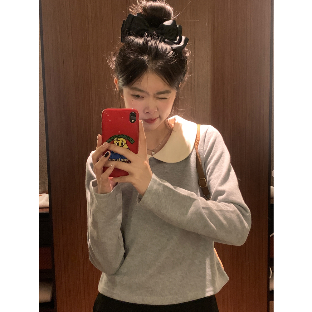 Photographed Two-Color miu-style Girls' Baby Collar Cute and Sweet Short-Sleeved Top for Innerwear and Long-Sleeved Women's Upper Garment