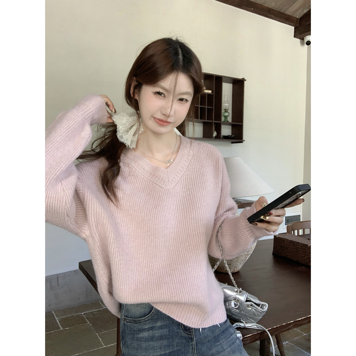 實拍 秋冬韓版寬鬆v領慵懶百搭軟糯綿羊絨針織套頭長袖上衣女