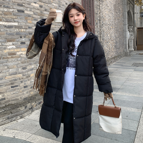 Korean style winter milk puff mid-length over-the-knee bread coat for women, lazy style, loose stand-up collar design, hooded