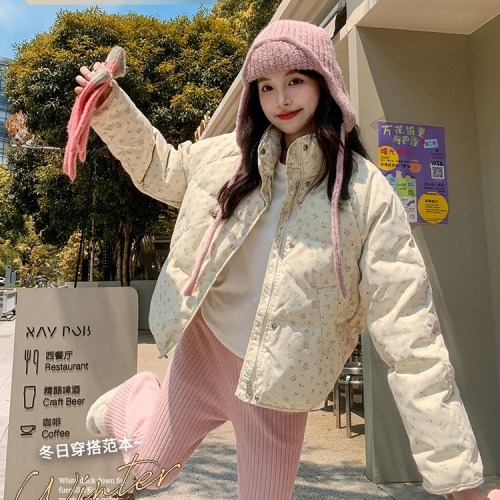 Winter new pastoral small floral short down cotton jacket stand collar thickened bread cotton jacket student jacket for women