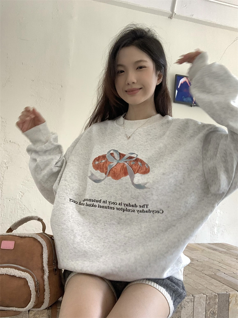 實拍~韓系鬼馬少女蝴蝶結牛角包印花寬鬆加絨銀狐絨衛衣