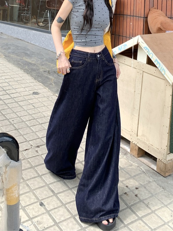 Ready stock retro color loose drape wide leg floor mopping trousers denim trousers