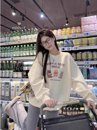 High-quality cotton blended CVC ribbed crew neck printed sweatshirt for women and couples, regular, lined