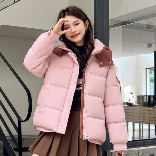 2024 Korean style hooded contrasting color short women's down jacket, popular winter jacket for small people, thickened cotton jacket