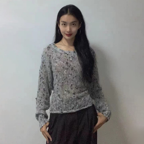 Original thick needle - gray sweater 2024 new style lazy loose design hollow sweater top