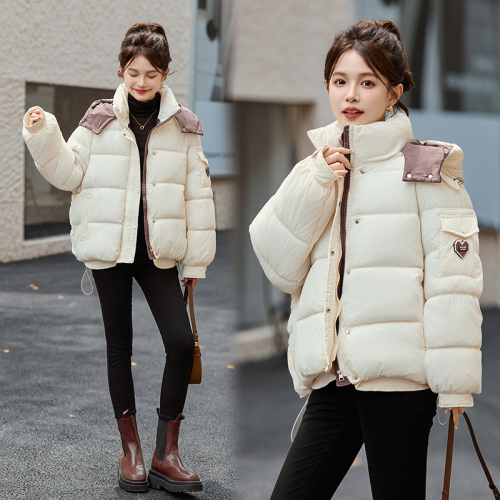 2024 Korean style hooded contrasting color short women's down jacket, popular winter jacket for small people, thickened cotton jacket