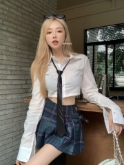 Japanese college style uniform suit pure white polo collar tie shirt plaid pleated skirt two-piece set