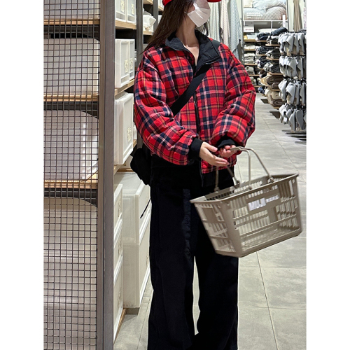 Autumn and winter American retro reversible plaid contrasting cotton coat loose thickened baseball uniform short coat jacket