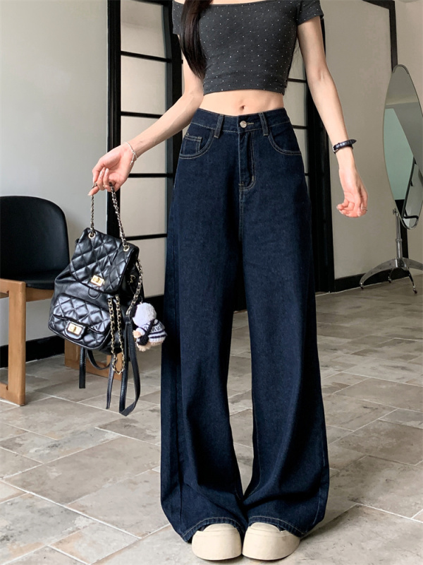 Large size retro washed jeans loose wide leg pants women's high waist slim versatile straight pants floor mopping pants