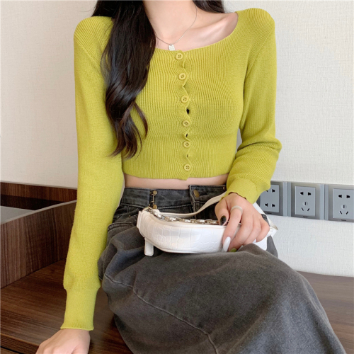 Real auction price Sweet and Spicy Square Neck Solid Color Versatile Long Sleeve Knitted Sweater Women's Top Cardigan Jacket