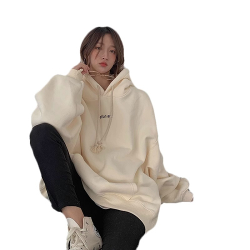 Pure cotton apricot color hooded sweatshirt for women in autumn and winter plus velvet and thickened trendy American style loose and lazy style