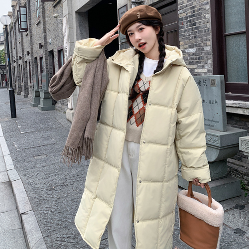 Korean style winter milk puff mid-length over-the-knee bread coat for women, lazy style, loose stand-up collar design, hooded