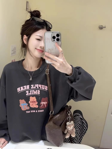 High-quality cotton blended CVC ribbed crew neck printed sweatshirt for women and couples, regular, lined