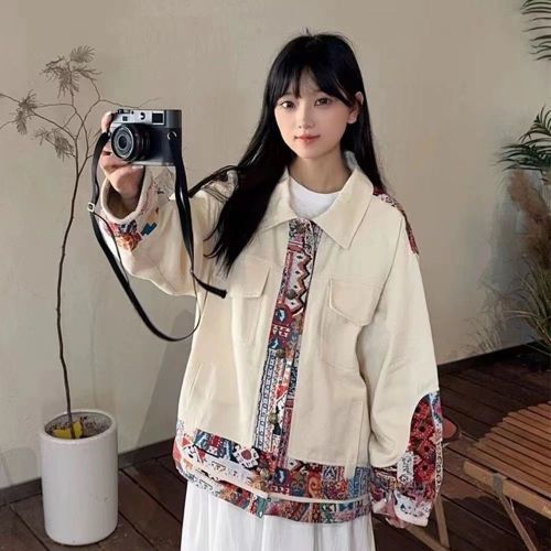 American retro jacket for women spring and autumn 2024 new fashion brand contrasting color lapel loose versatile jacket baseball uniform top